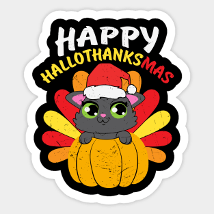 Happy Hallo Thanksmas Cute Cat Wearing Santa Hat Pumpkin Turkey Gift Sticker